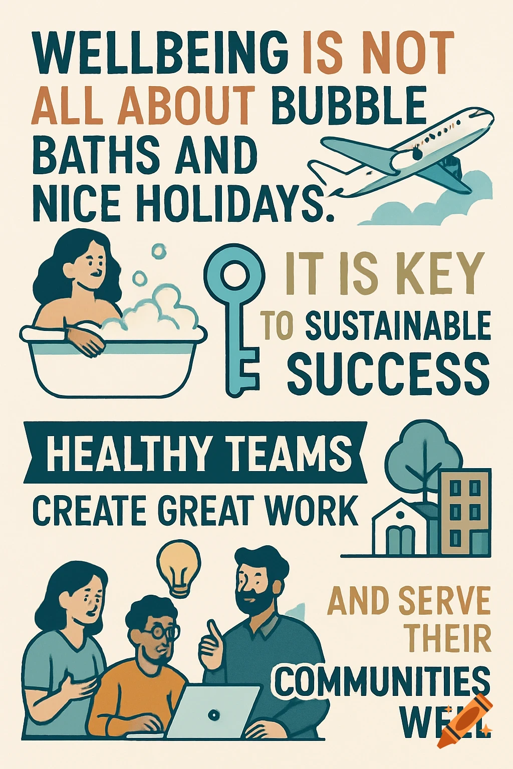 Infographic about wellbeing with text and illustrations of a person in a bath, a key, an airplane, buildings, and a team working on a laptop.