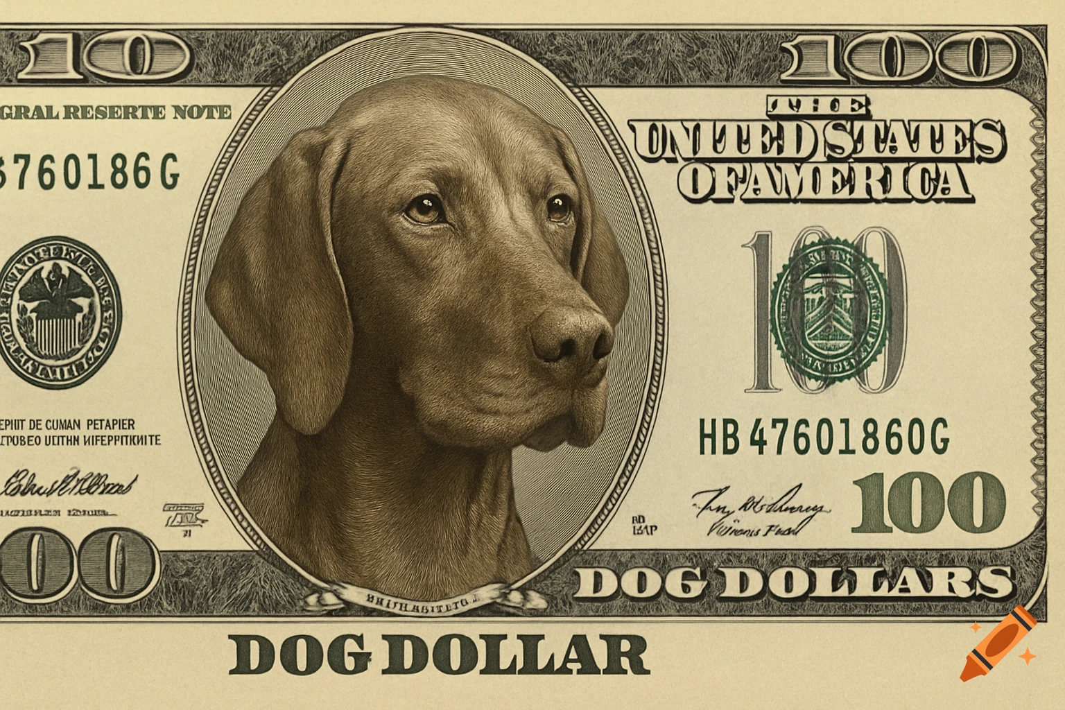 A hundred dollar bill with a Hungarian Vizsla dog portrait and 'Dog Dollar' text