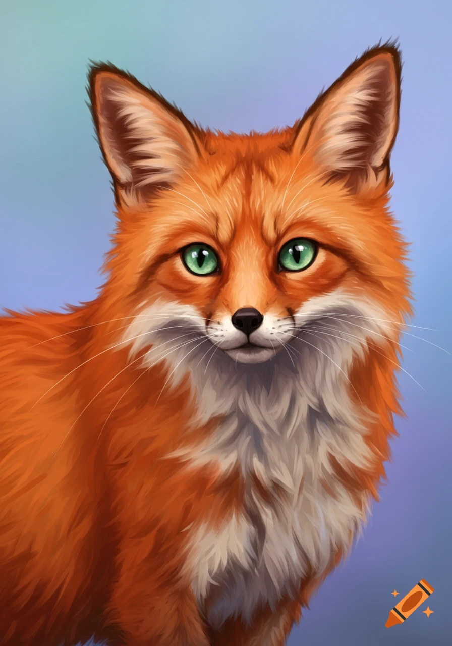 Close-up digital painting of an orange fox with bright green eyes.