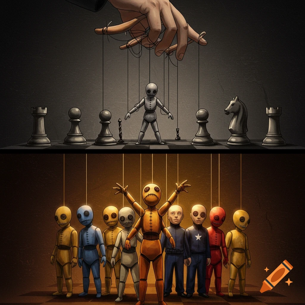A hand controls puppet strings over a chessboard with a puppet, while colorful figures stand below, one with cut strings.
