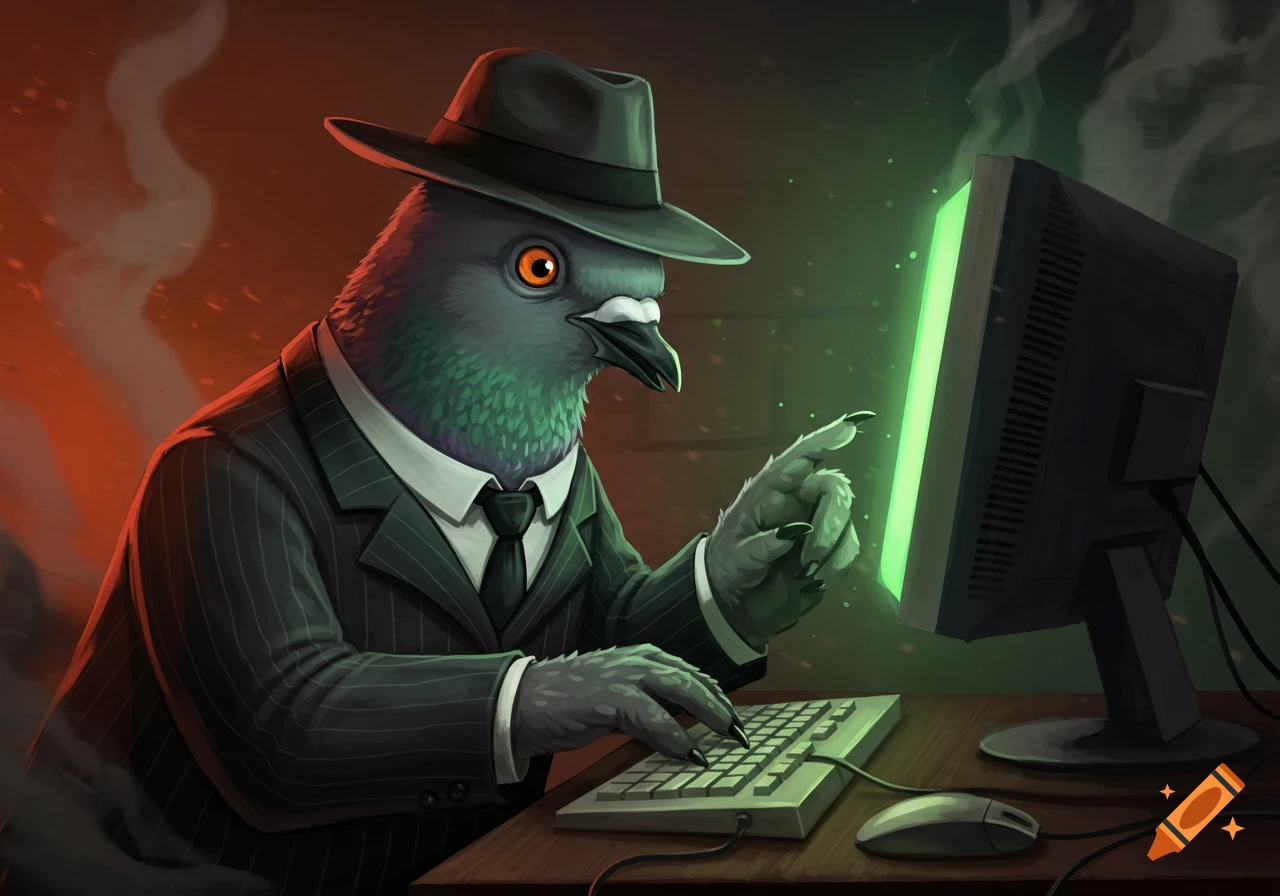 Illustration of a pigeon wearing a suit and fedora, typing on a keyboard at a computer screen glowing green.