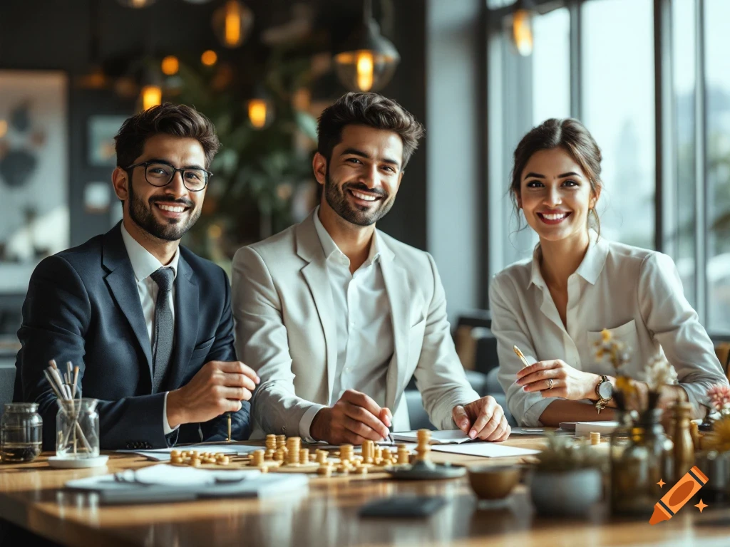 Three smiling business people sit at a table with papers and props, appearing to be in a meeting.