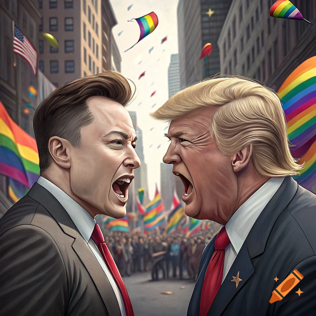 Donald Trump and Elon Musk yell at each other on a street during an event with rainbow flags.