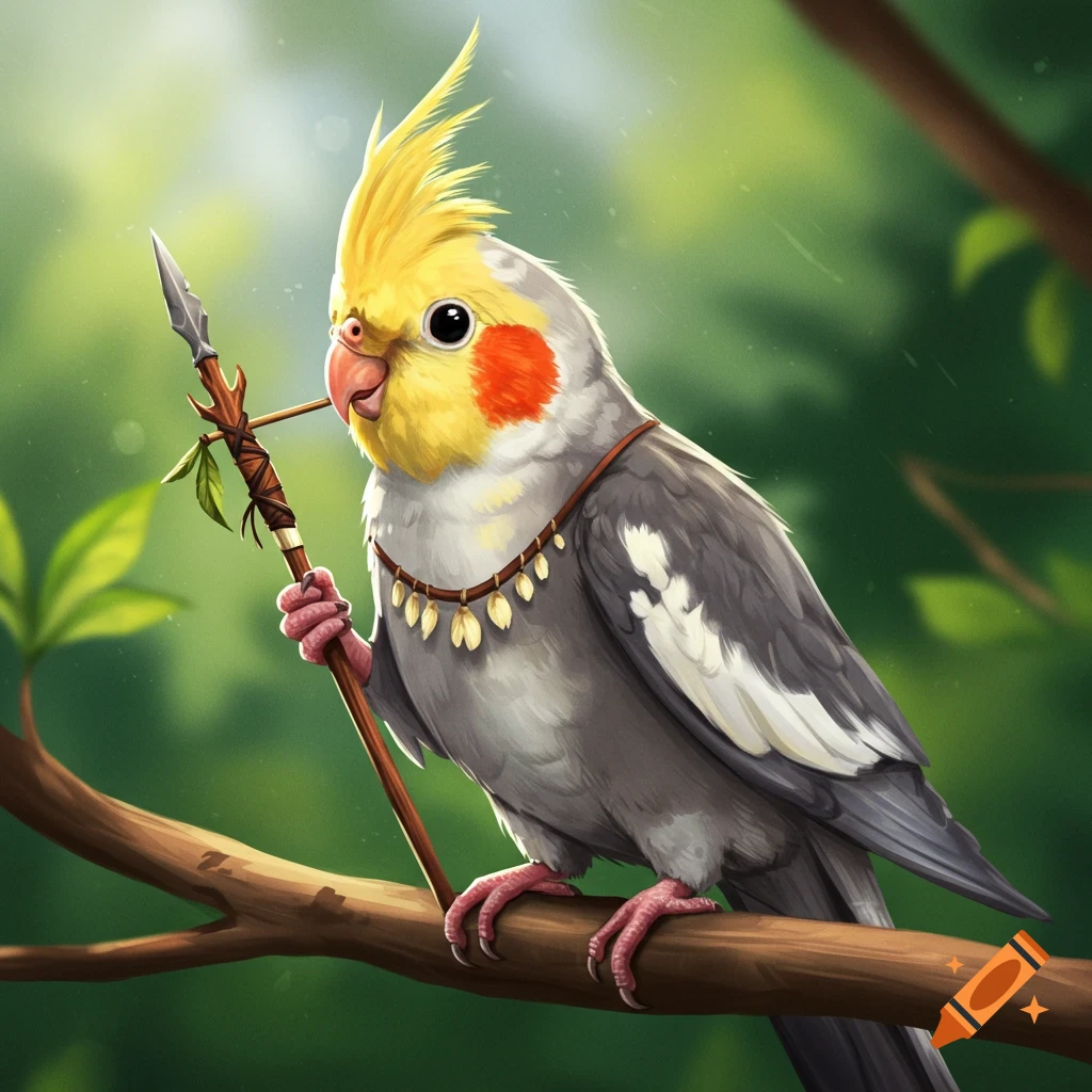 A stylized cockatiel bird sits on a branch holding a spear.