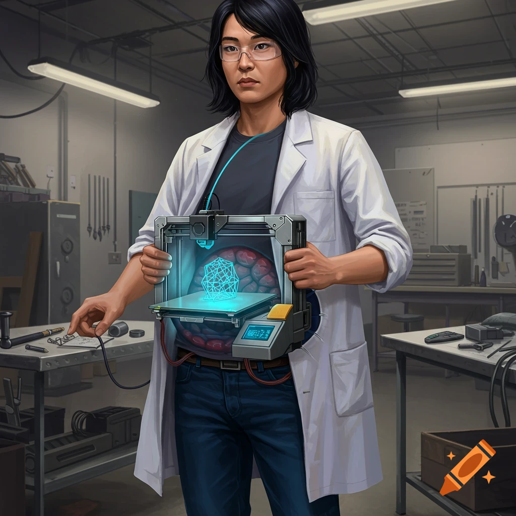 An engineer in a lab coat holds a 3D printer embedded in their abdomen, printing a glowing blue geometric object.