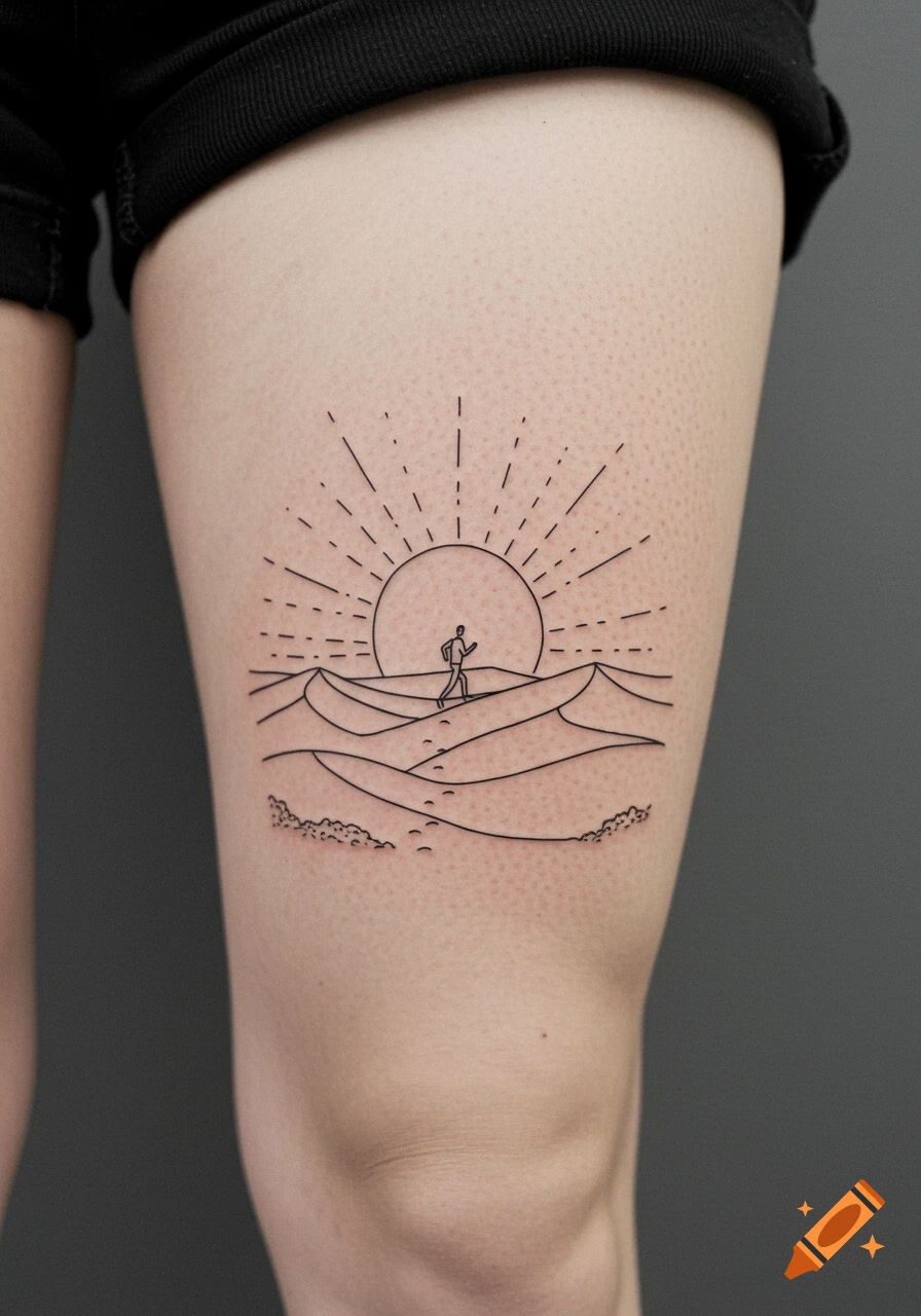 Minimalist line art tattoo of a person running over desert dunes under ...