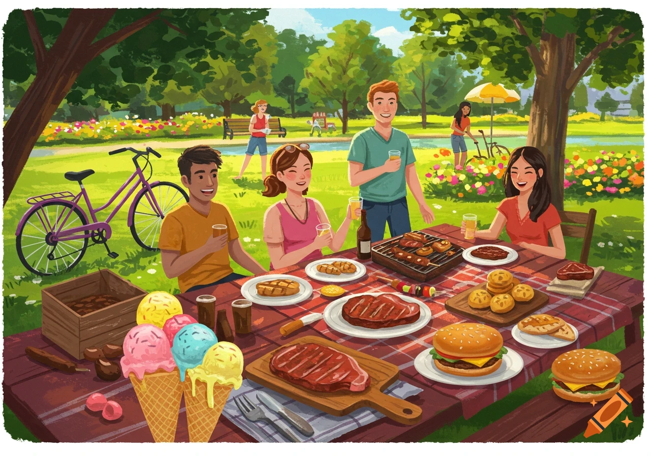 Illustration of people having a summer picnic and BBQ in a park with food, ice cream, and a bicycle