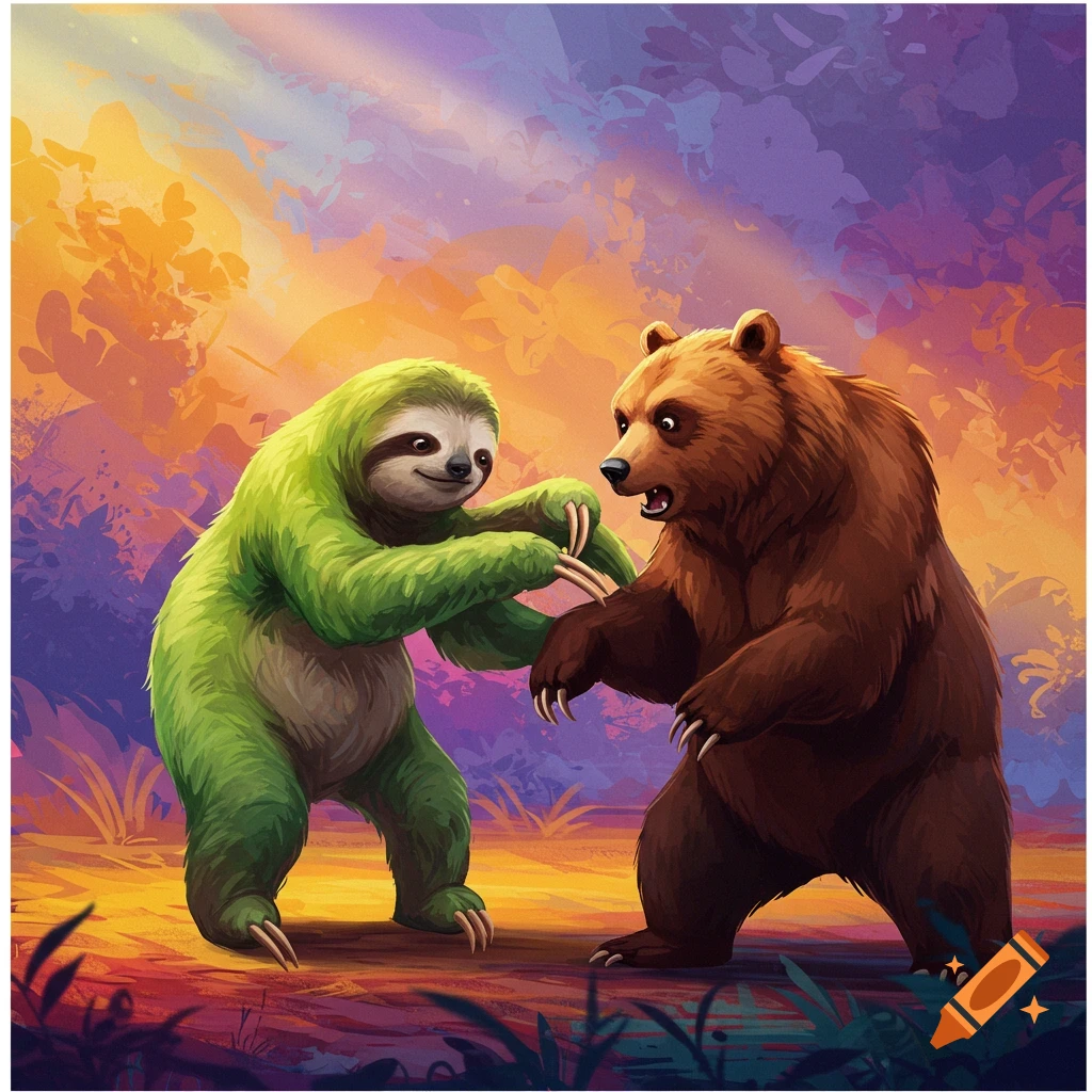 A green sloth and a brown bear fight in a vibrant, illustrated jungle scene.