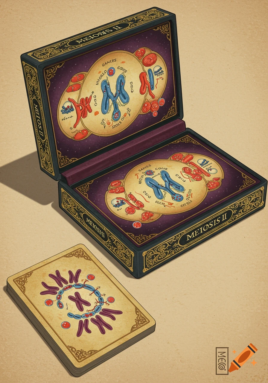 An opened ornate box and card depicting diagrams of cell division (meiosis) in an illustrated style.