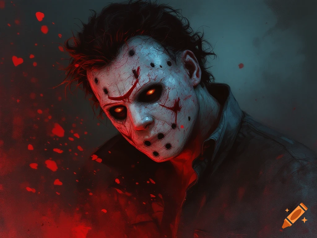 Close-up portrait of Jason Voorhees wearing a blood-splattered hockey mask with glowing eyes against a dark background with red splatters.