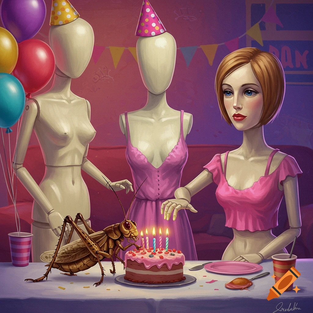 A large cricket sits on a birthday cake with candles, while three mannequins stand behind a table with balloons and party supplies. Digital painting style.