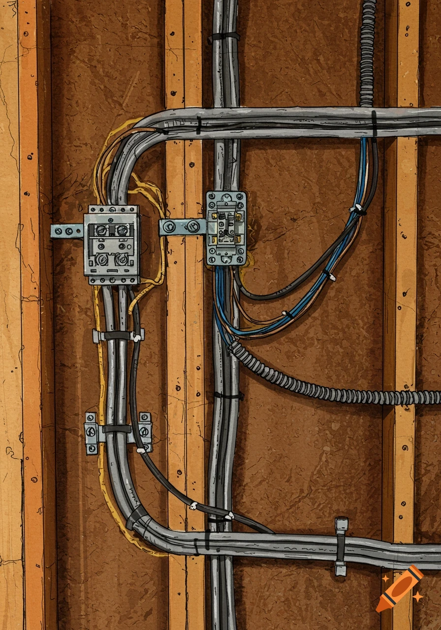 Illustration of residential electrical rough-in wiring with conduit and junction boxes on wooden studs.