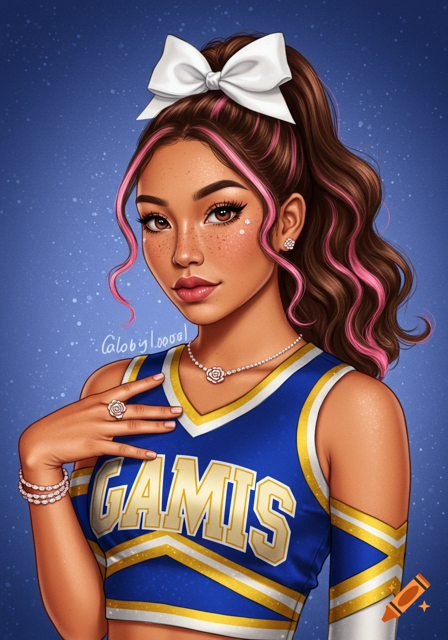 Illustrated portrait of a female cheerleader in a blue and gold uniform with pink hair streaks and a white bow.