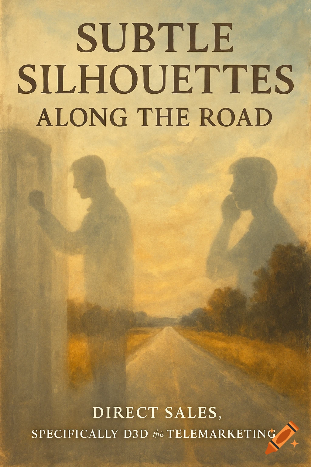 Painted book cover with title text, a road receding into the distance, and two silhouetted figures.