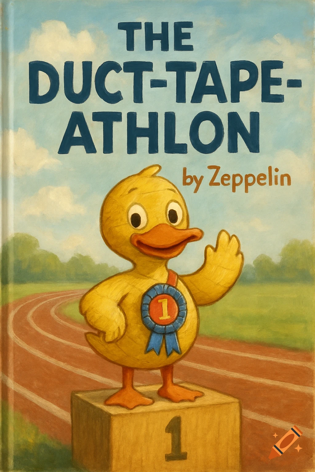 A cartoon duck with a first-place ribbon stands on a podium on a running track. It's a book cover titled "THE DUCT-TAPE-ATHLON by Zeppelin".