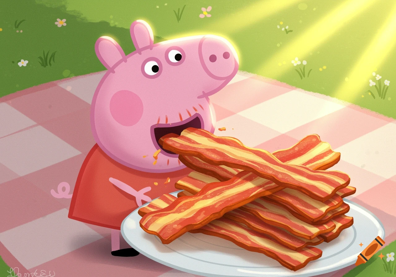 Cartoon illustration of Peppa Pig eating a large pile of bacon slices at a picnic.