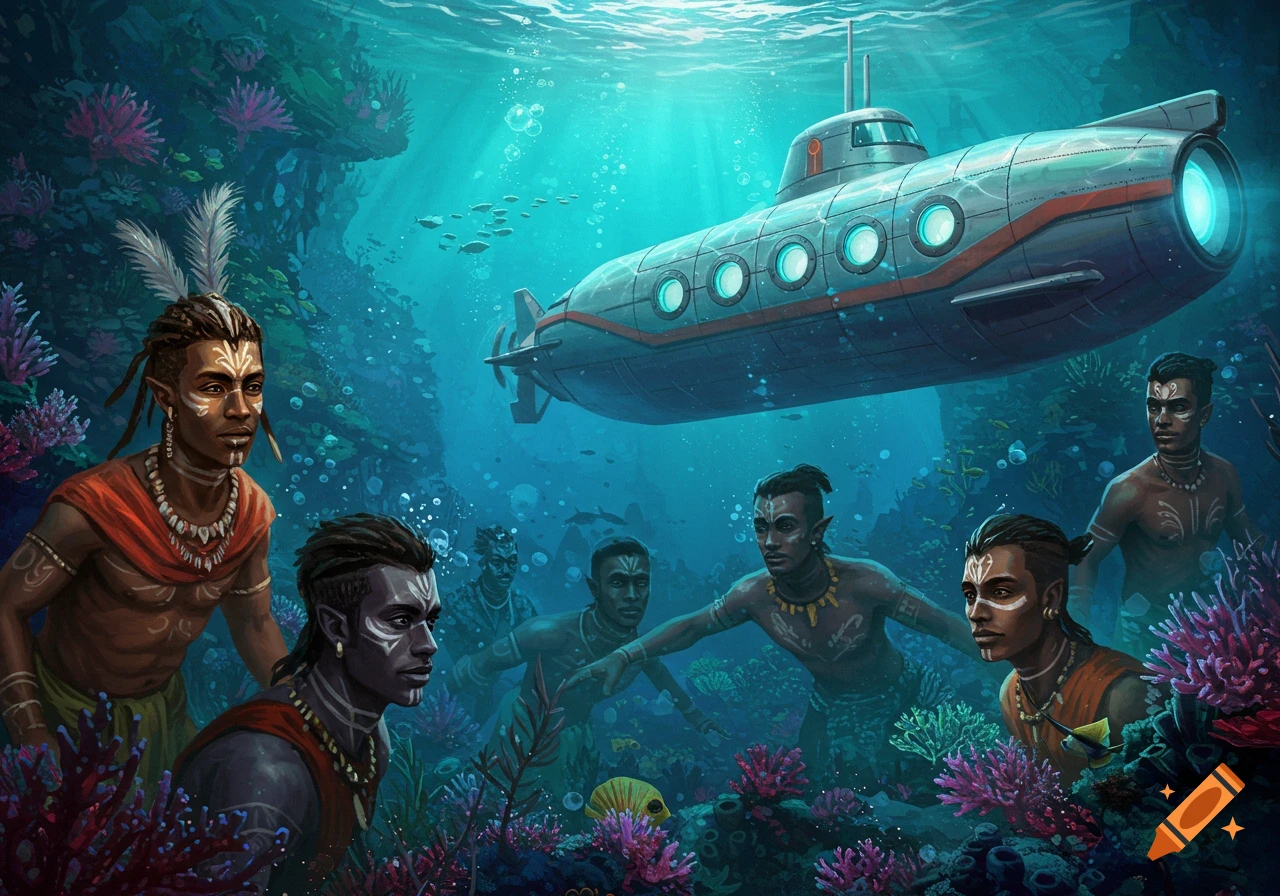 Fantasy illustration of men swimming near a submarine underwater