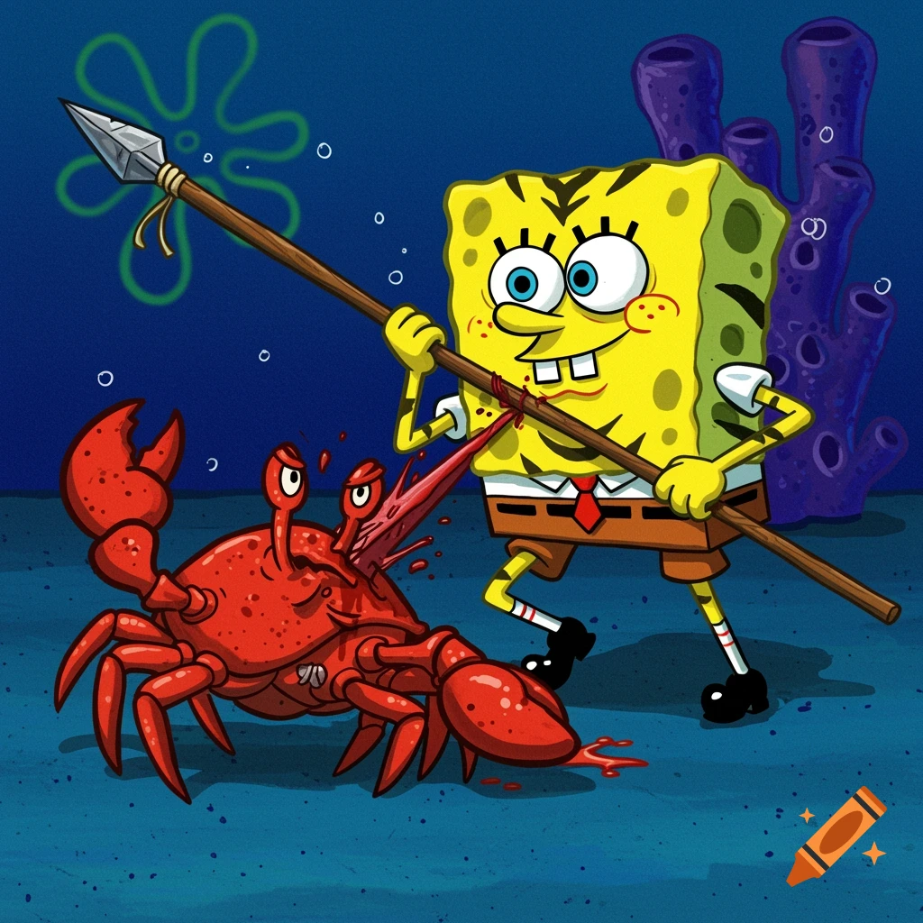 Spongebob with tiger stripes spears a red crab in a cartoon underwater scene.