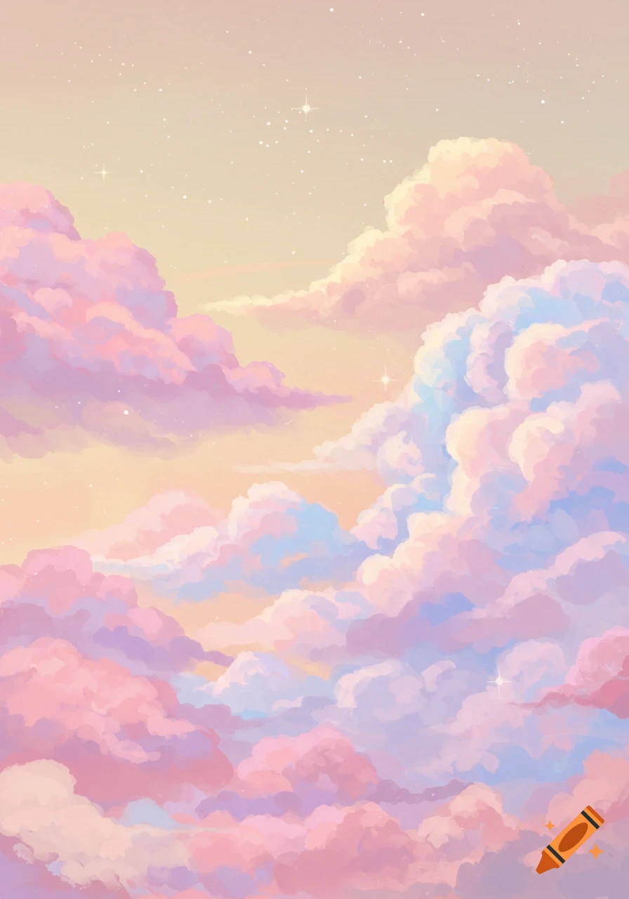 Pastel pink and blue clouds with stars in a vertical illustration.