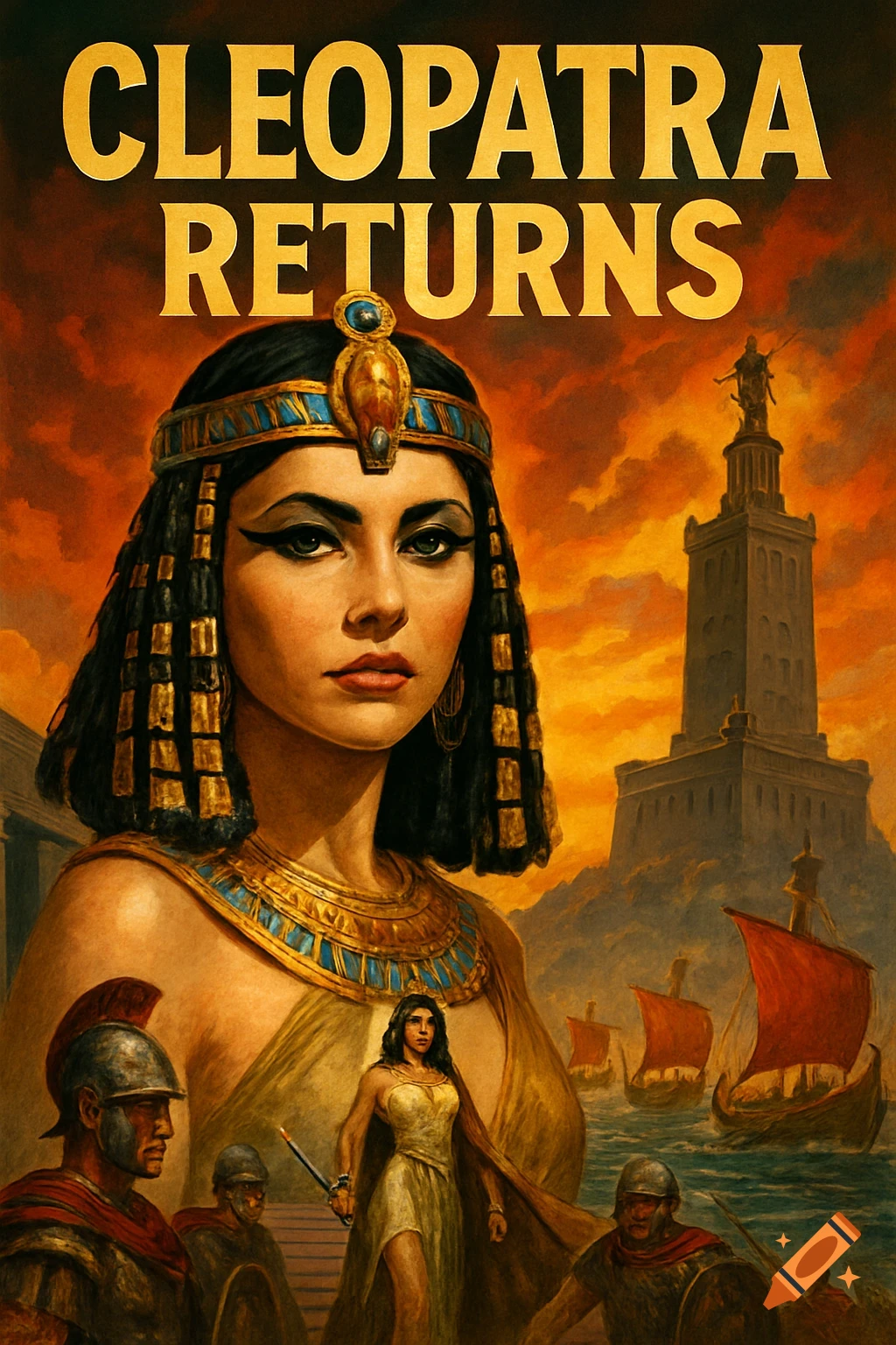 A stylized movie poster featuring Cleopatra in the foreground with ancient Egyptian soldiers, ships, and a large tower behind her.