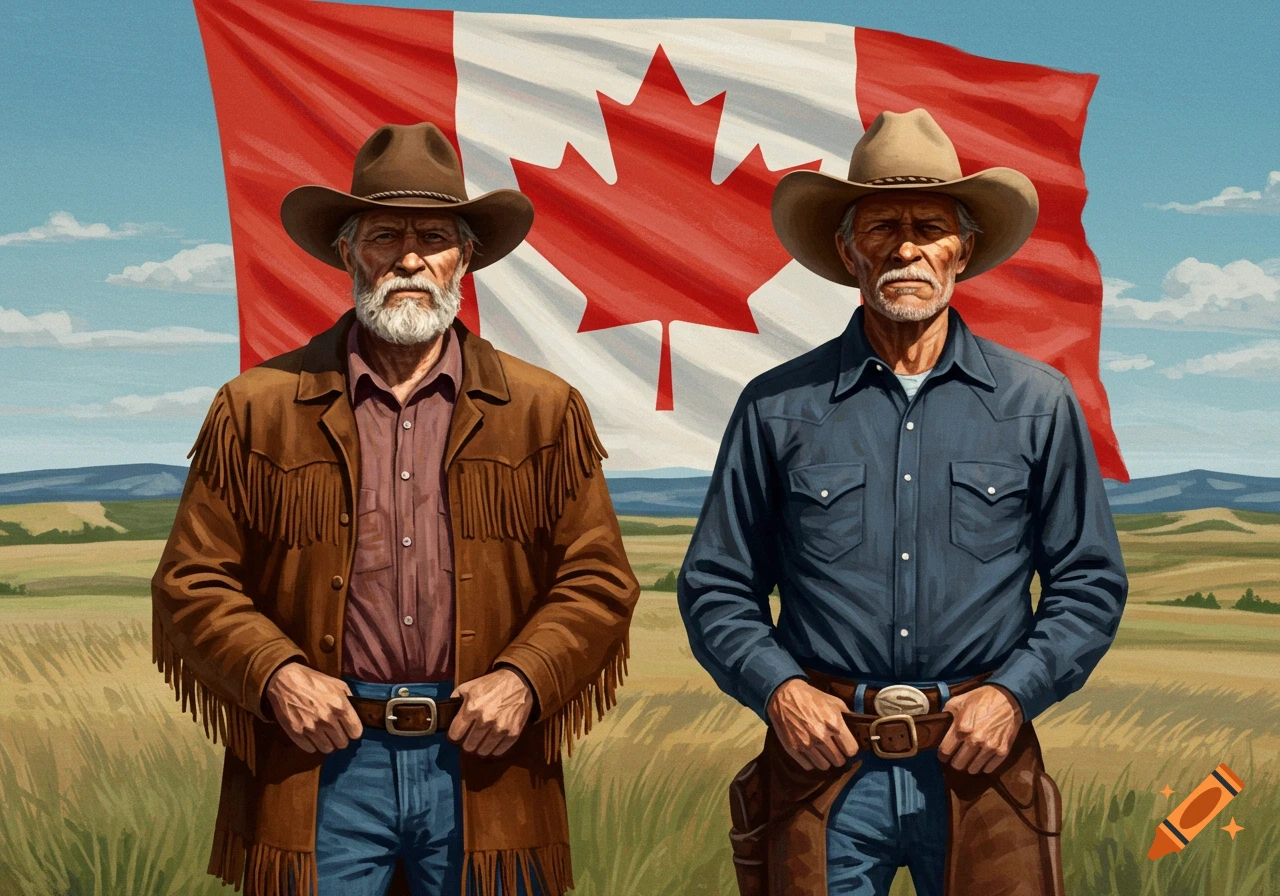 Two old cowboys stand in a field in front of a Canadian flag, painterly style