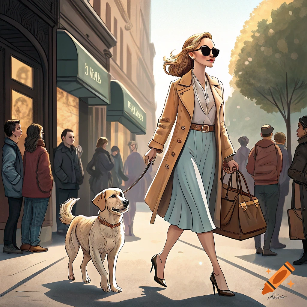 A woman in a trench coat and skirt walks a dog down a sunny city street while people watch. Stylized illustration.