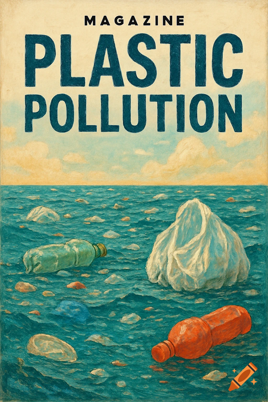 Illustration of plastic bottles and debris floating in the ocean, with 'MAGAZINE PLASTIC POLLUTION' text.