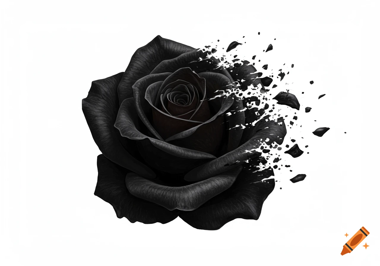 A black rose disintegrating into dark particles on a white background.
