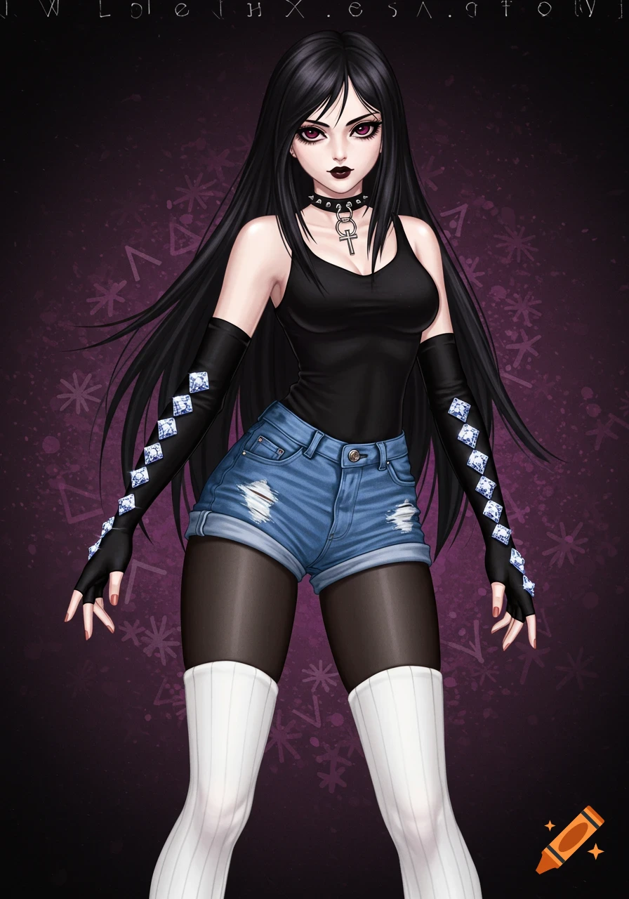 Anime goth girl with long black hair wearing a black tank top, jean shorts, black tights, white socks, and fingerless gloves with diamonds.
