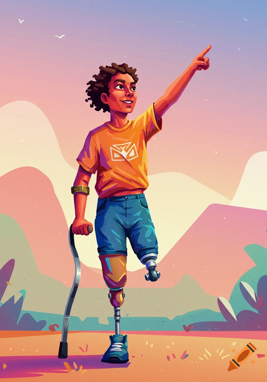 Illustration of a young person with a prosthetic leg and crutch pointing towards the sky in a landscape.