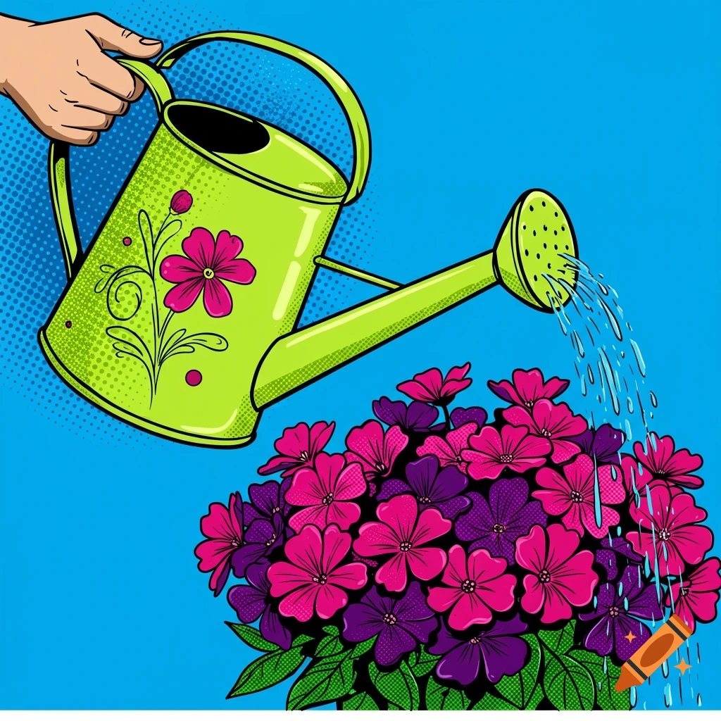 Pop art illustration of a hand watering pink and purple flowers with a green watering can.