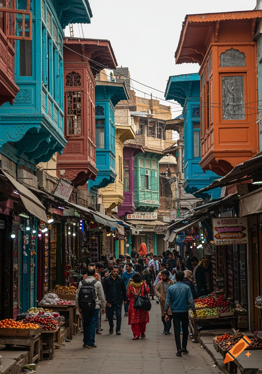 A busy street market lined with shops and colorful buildings with balconies.