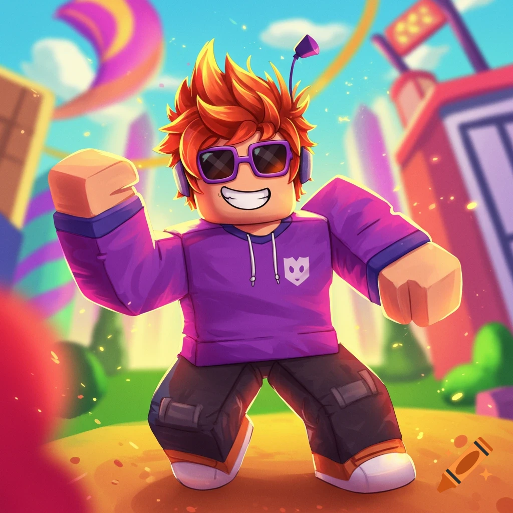 Stylized illustration of a Roblox character in a bright outdoor setting.