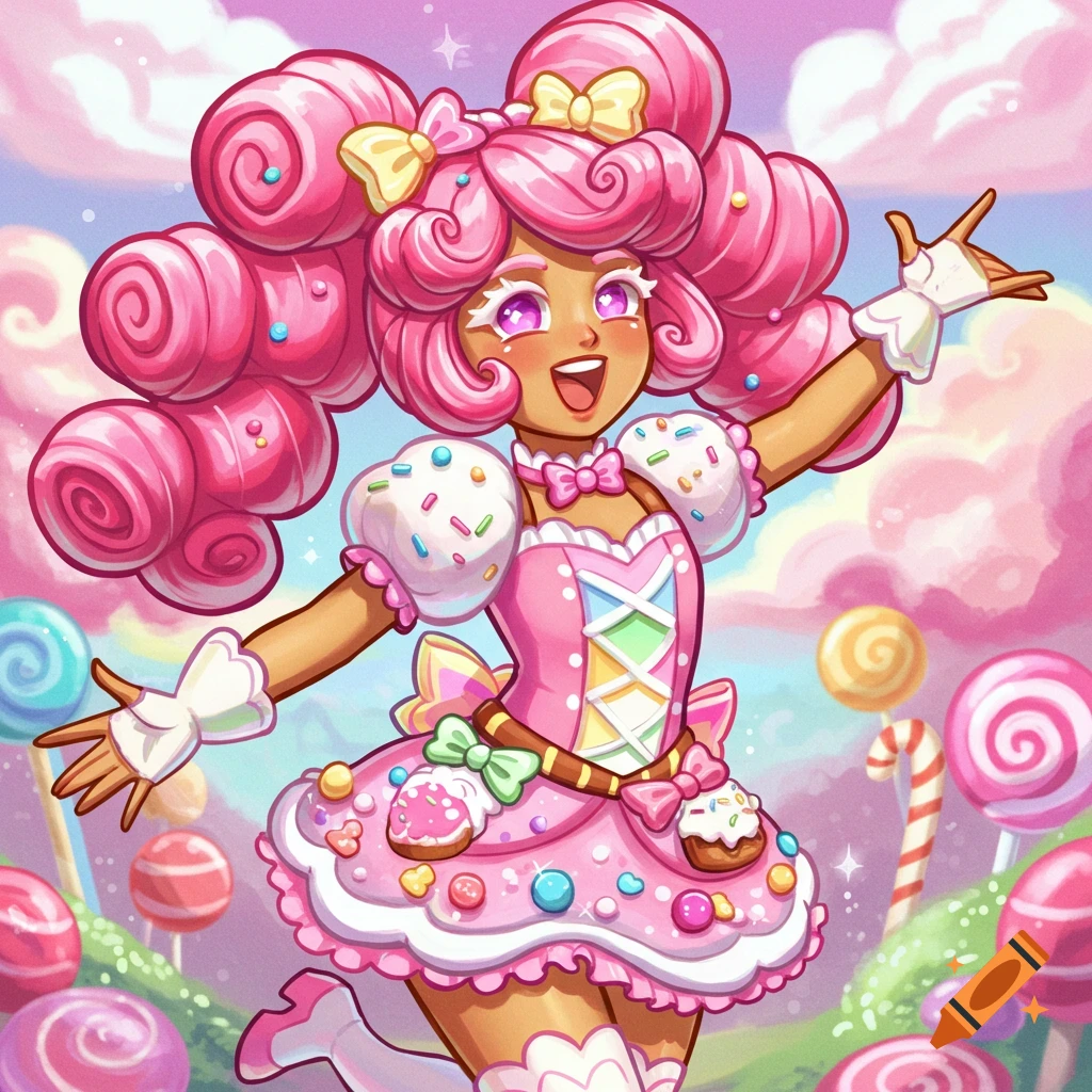 Cartoon girl with pink swirl hair and candy-themed dress stands in a vibrant candy landscape.