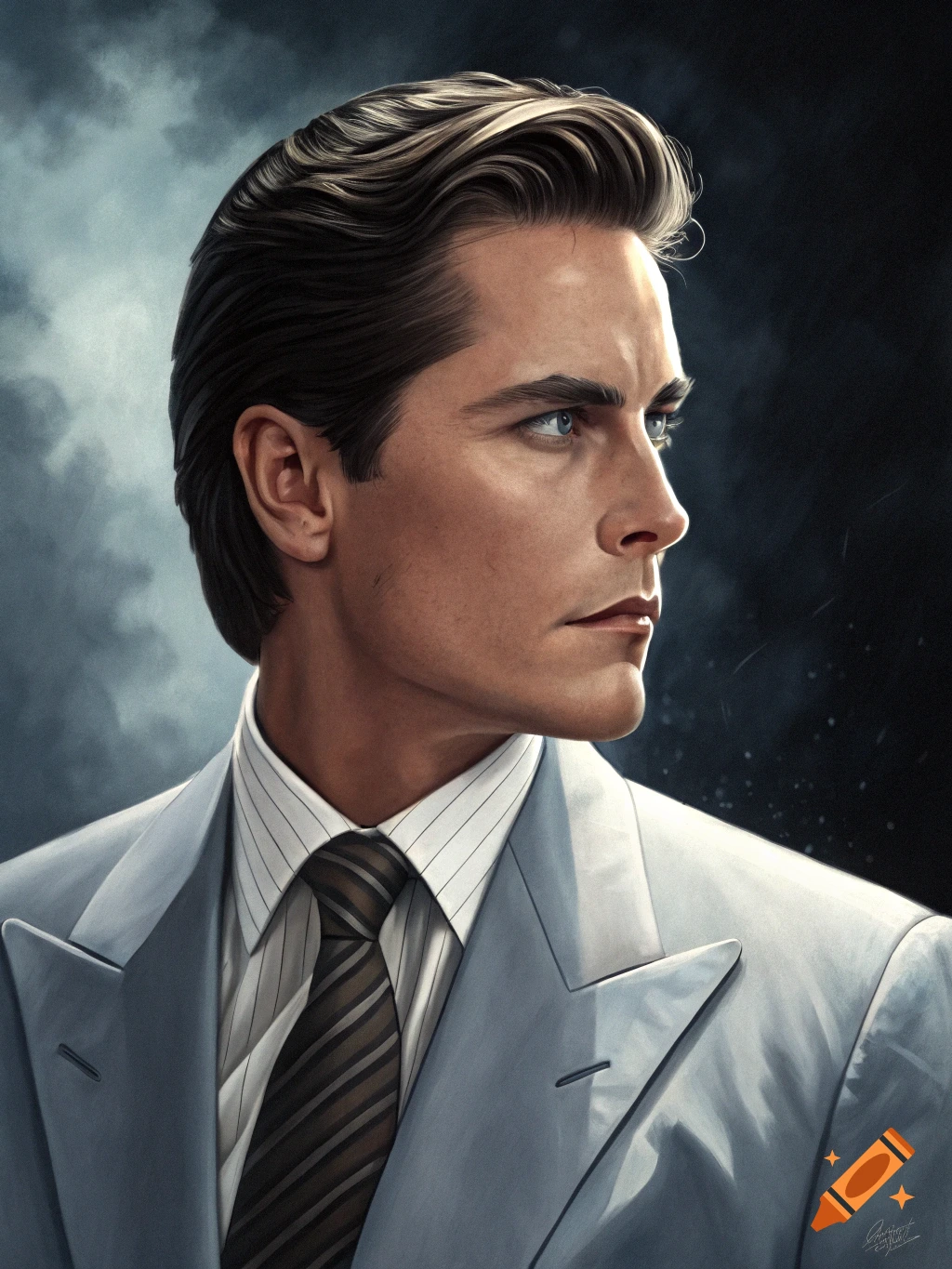 Realistic portrait of a man in a suit looking right, resembling Rob Lowe as Patrick Bateman.