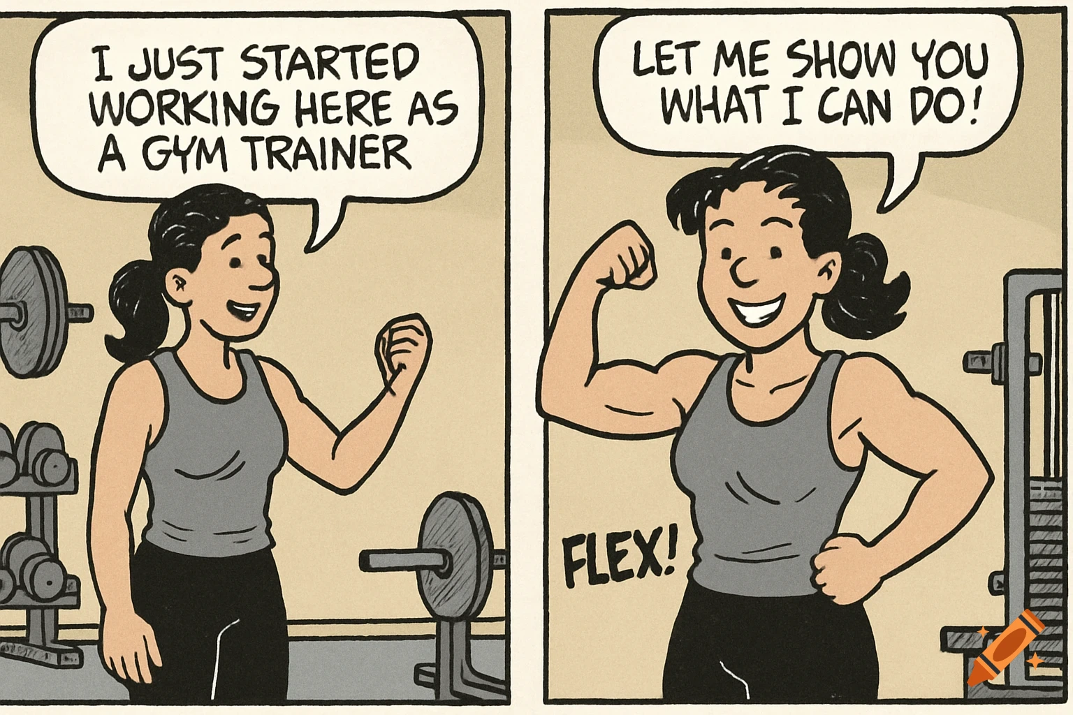 Cartoon comic strip panels of a woman at a gym. In the first panel, she says she's a new gym trainer. In the second, she flexes.