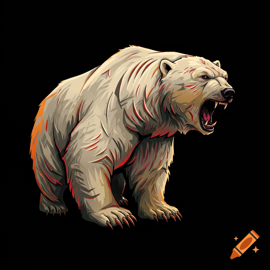 Aggressive polar bear in a stylized tattoo drawing on black background.