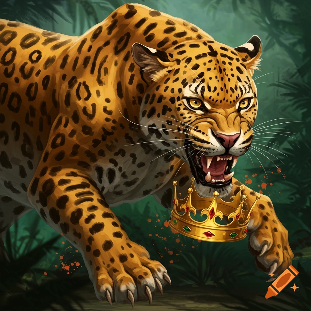Fierce leopard in jungle holding golden crown in mouth
