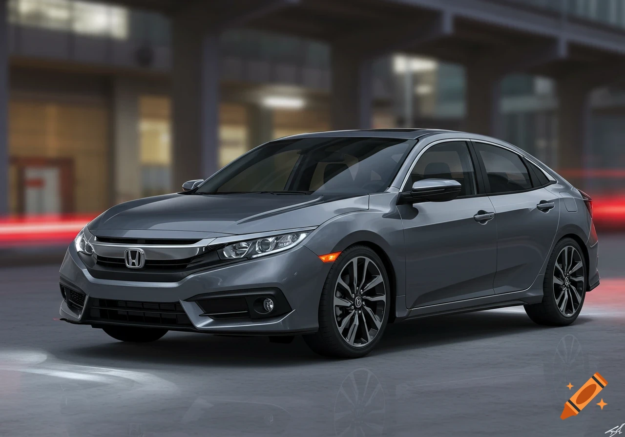 A grey Honda Civic sedan parked in front of blurred buildings.