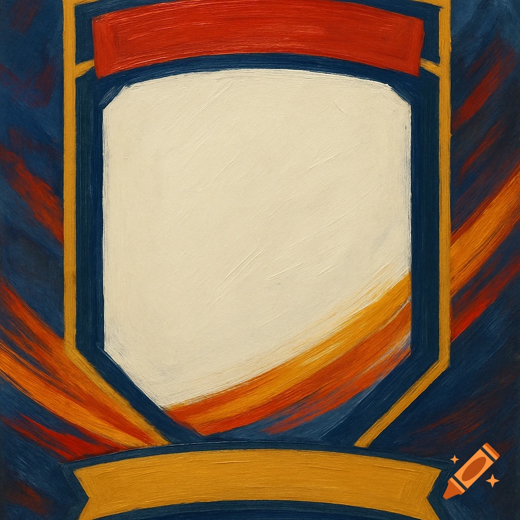 Sports card template with a white shield on a blue background with red and gold accents.