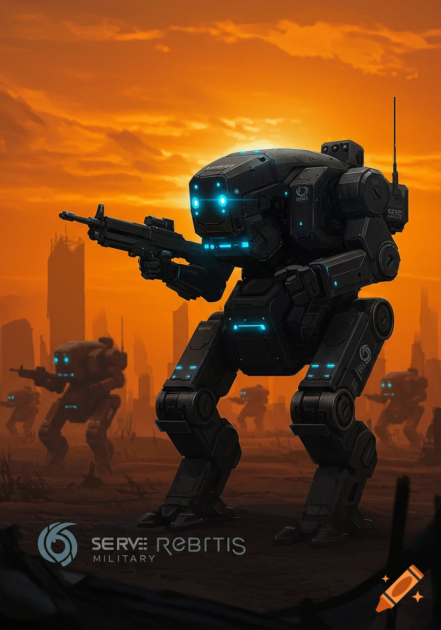 Military robot stands guard in a desolate landscape with other robots and ruined buildings under an orange sky, digital art.
