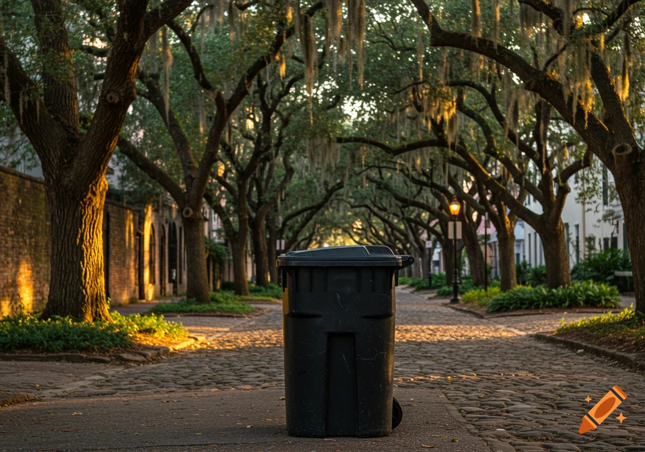 A black trashcan sits on a cobblestone street lined with trees draped in Spanish moss.