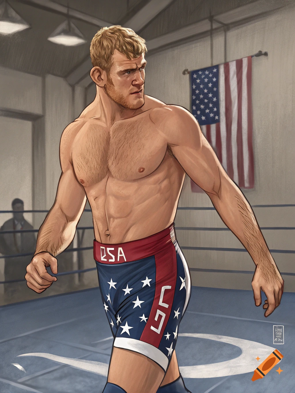 Muscular man in USA wrestling trunks stands in a wrestling ring with an American flag.