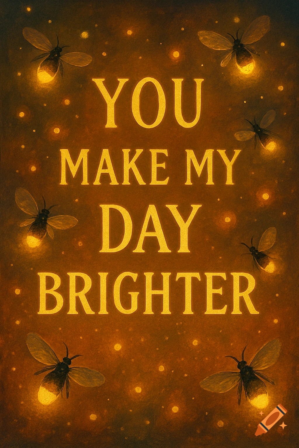 Illustration of glowing fireflies surrounding the text "YOU MAKE MY DAY BRIGHTER" on a dark orange background.