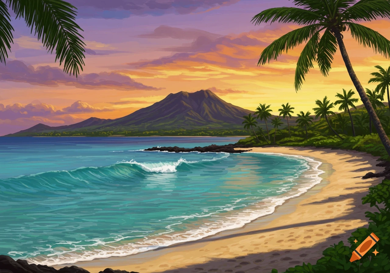 Tropical beach painting with palm trees, a mountain, and waves at sunset.