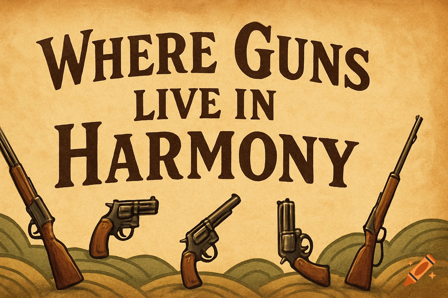Vintage style poster with the text 'Where Guns live in harmony' and illustrations of rifles and revolvers.