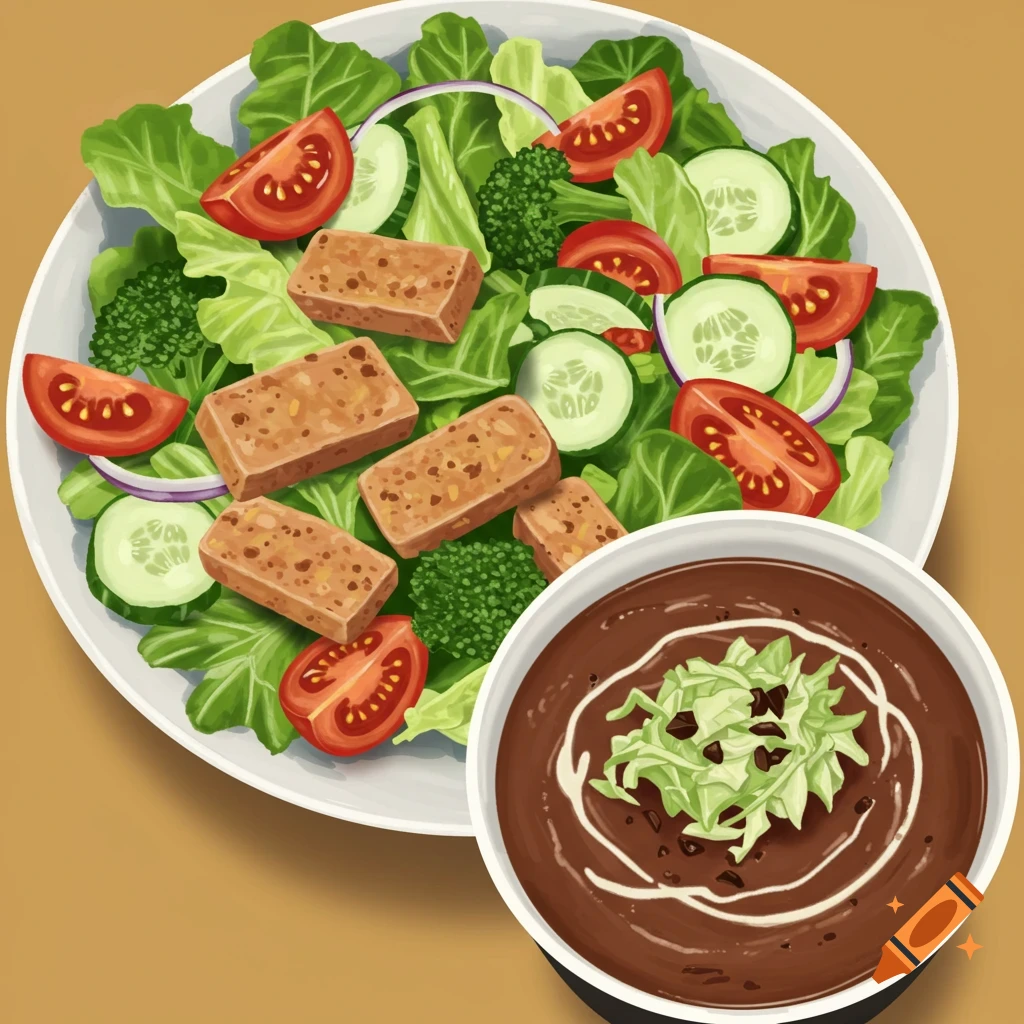 Illustrative image of a salad with protein chunks and a bowl of dark soup.