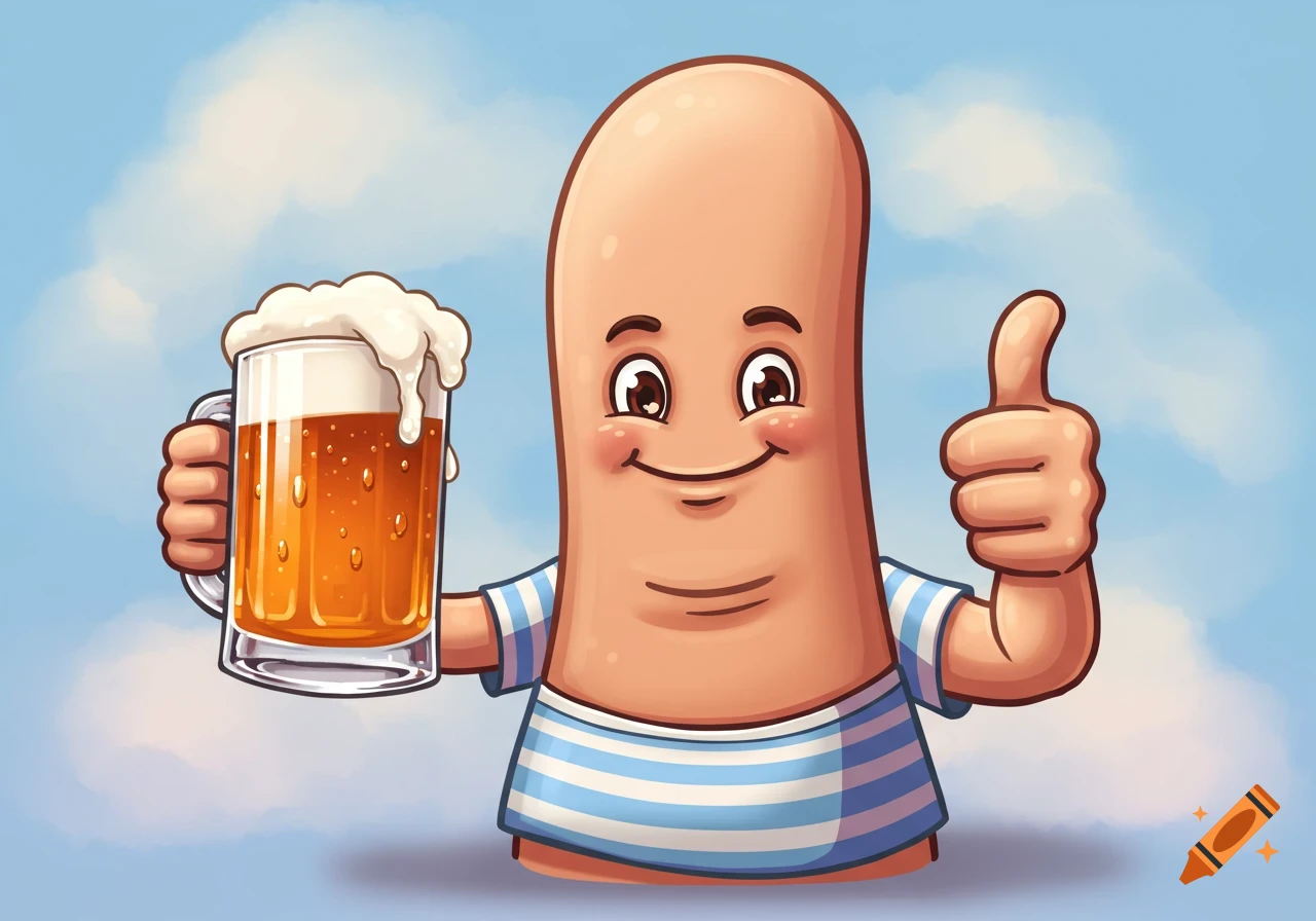 Cartoon thumb character drinks beer and gives a thumbs up.