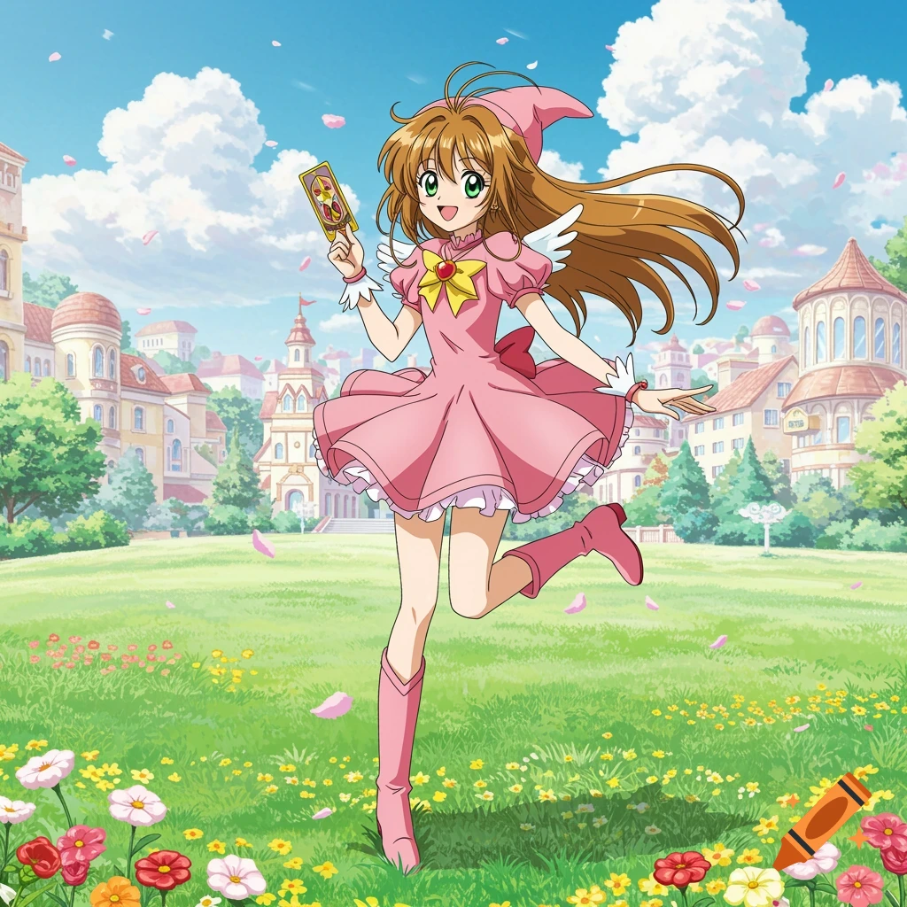 Anime girl in pink dress jumps in a sunny field, holding a card.