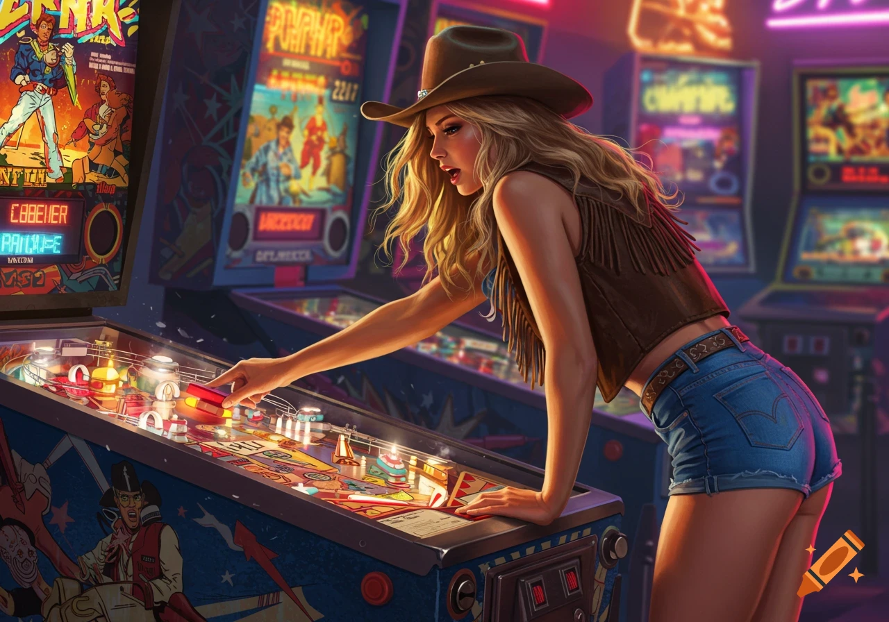 A cowgirl plays pinball in an 80s-style arcade.